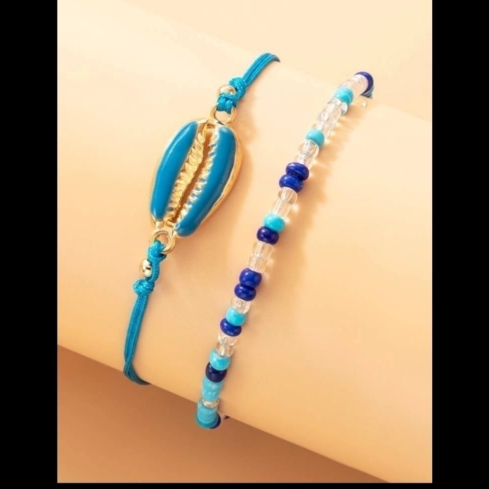 Blue Puka Shell Anklet & Turquoise Mini Beads Anklet - Picture 2 of 5